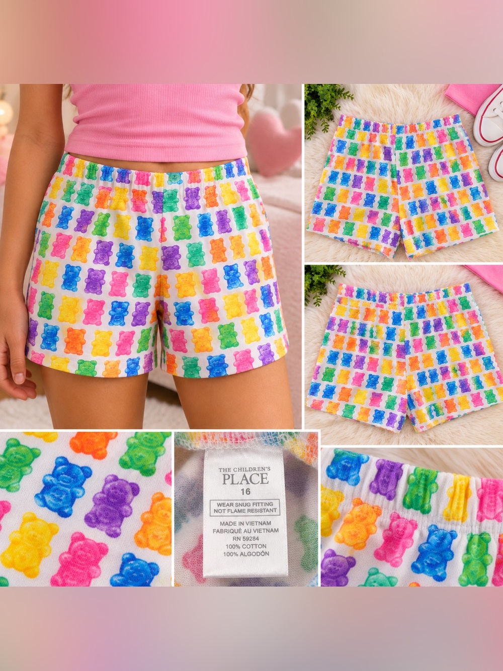 The Childrens Place Rainbow Gummy Bear Pajama Shorts- Size 16
